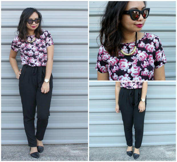 work style ootd outfit high waist pants floral top
